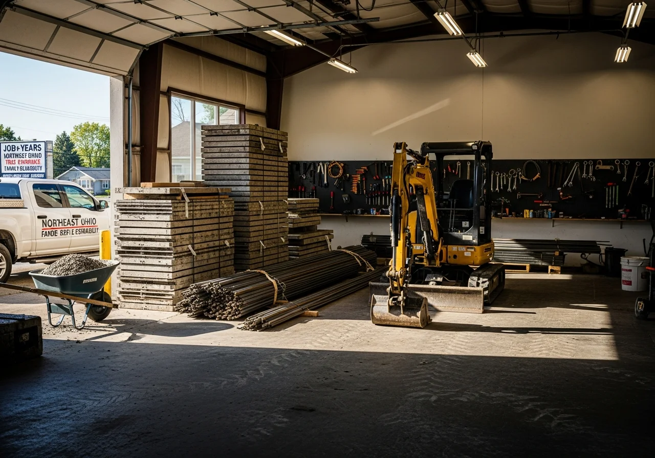Construction crew and tools on a job site, showcasing professional equipment and materials for concrete and building projects.