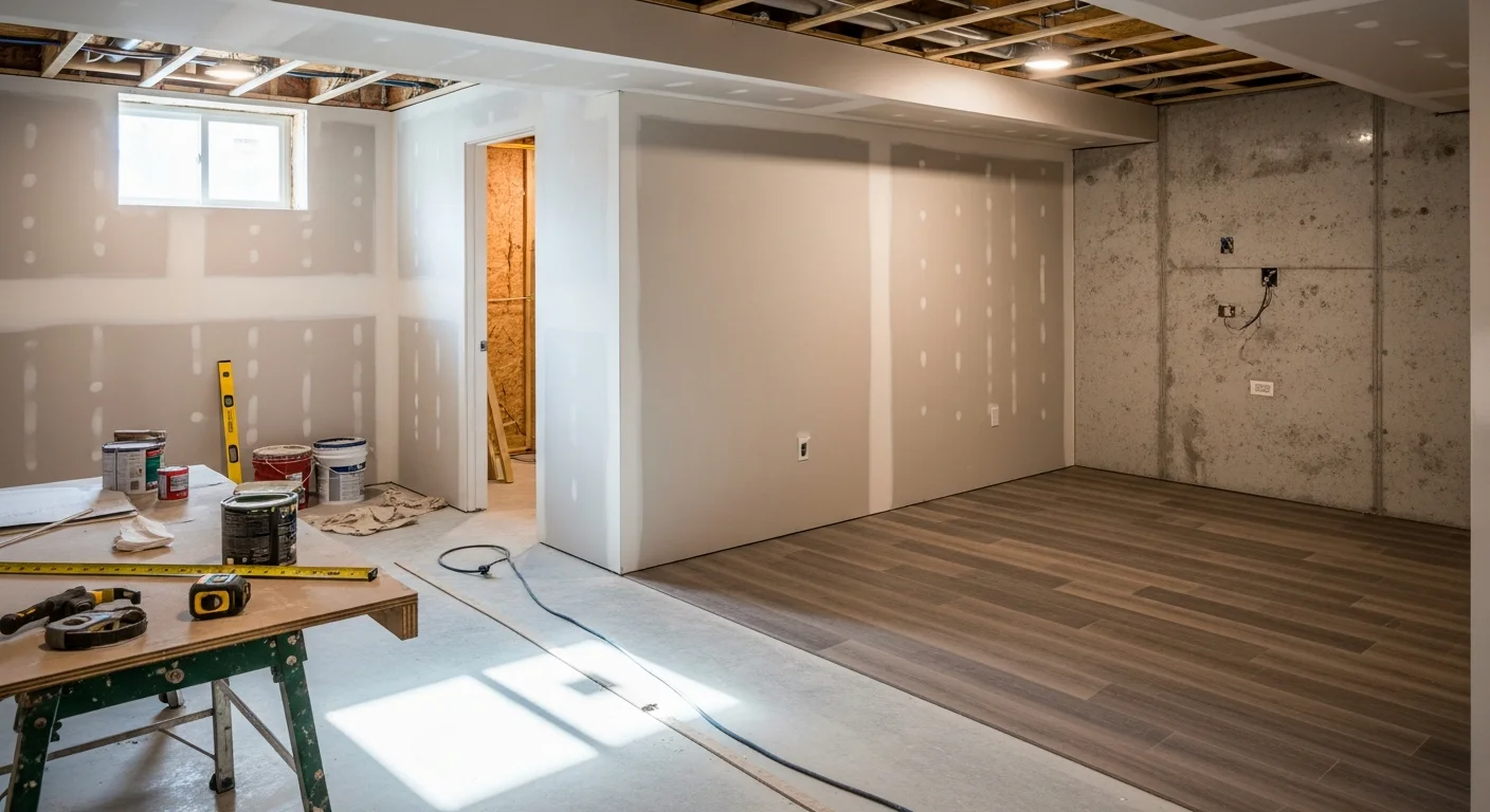 Finished basement with drywall, flooring, and lighting