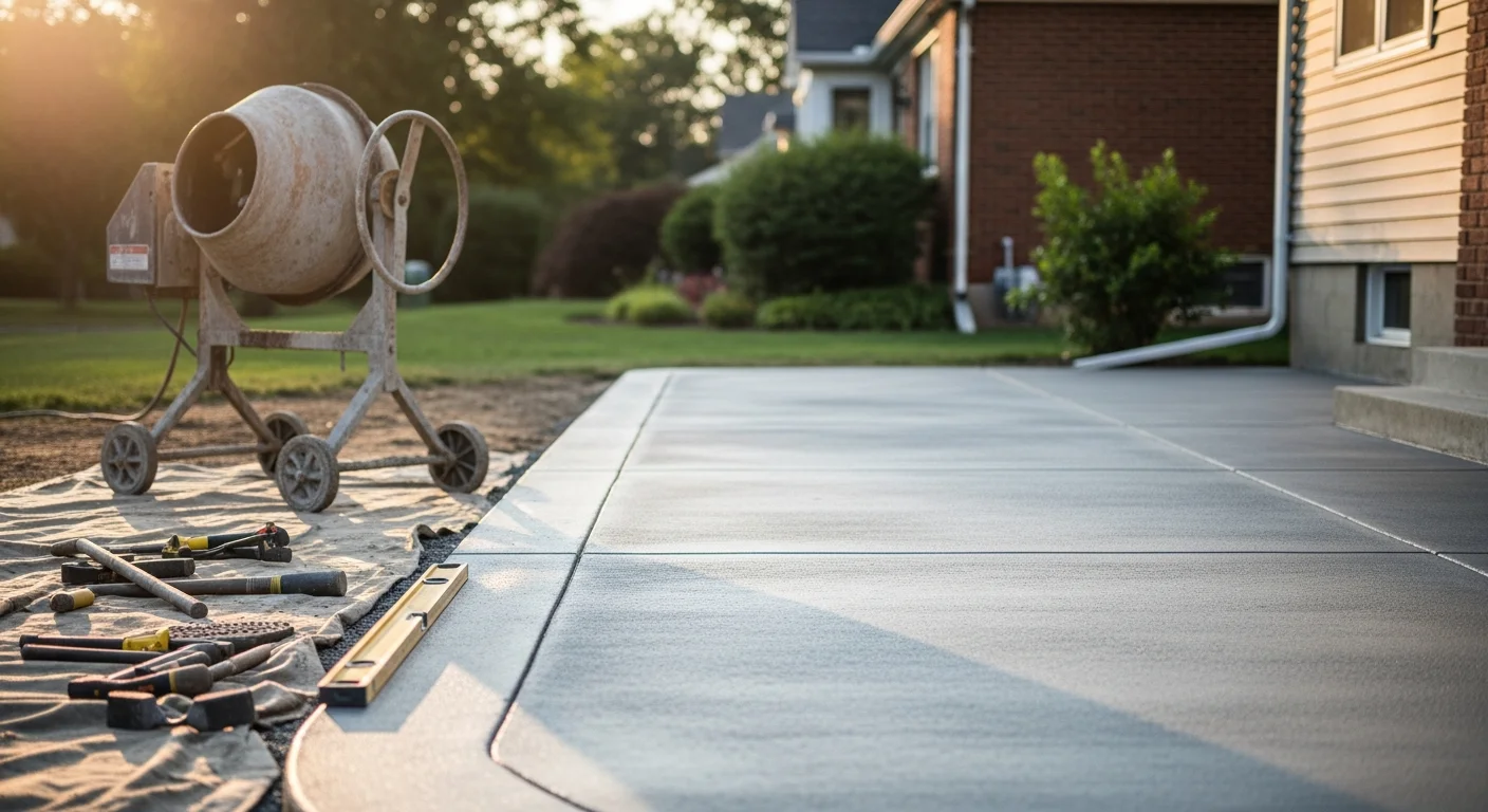 Decorative concrete patio with custom finishing in residential backyard