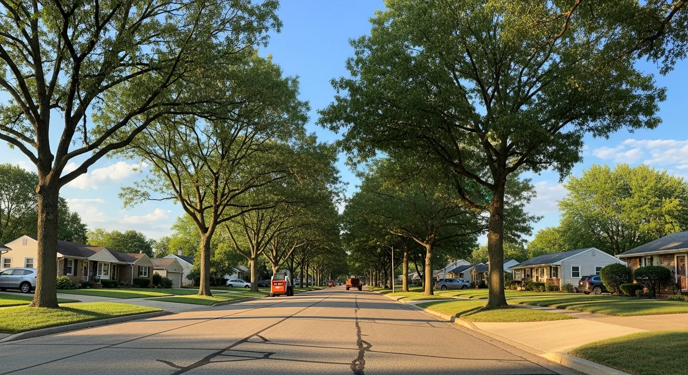 Wide view of Lake County residential street with mature trees, suburban homes, and clear sky.