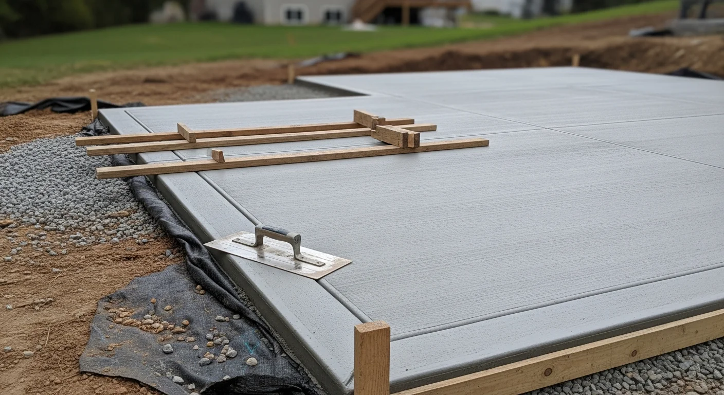 A freshly poured concrete backyard patio behind a residential home in Lake County, IL, with clean edges, a broom finish, and proper slope away from the house foundation. The surrounding yard shows compacted soil and prepared landscaping edges typical of northern Illinois residential properties.