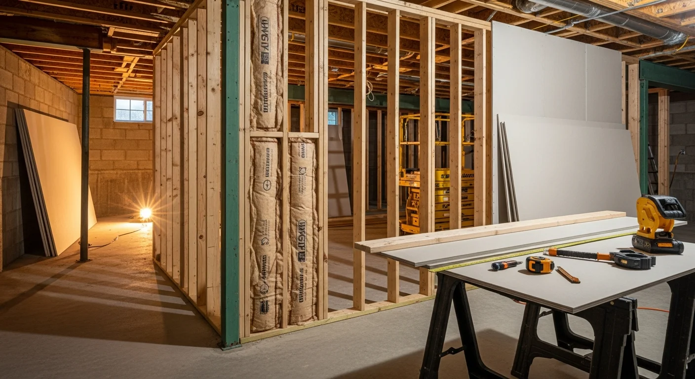 A newly finished basement in a Lake County, Illinois home showing framed drywall walls, recessed lighting, and a clean painted floor ready for use as a family room. The space reflects moisture-aware construction suited to the seasonal climate of northern Illinois.
