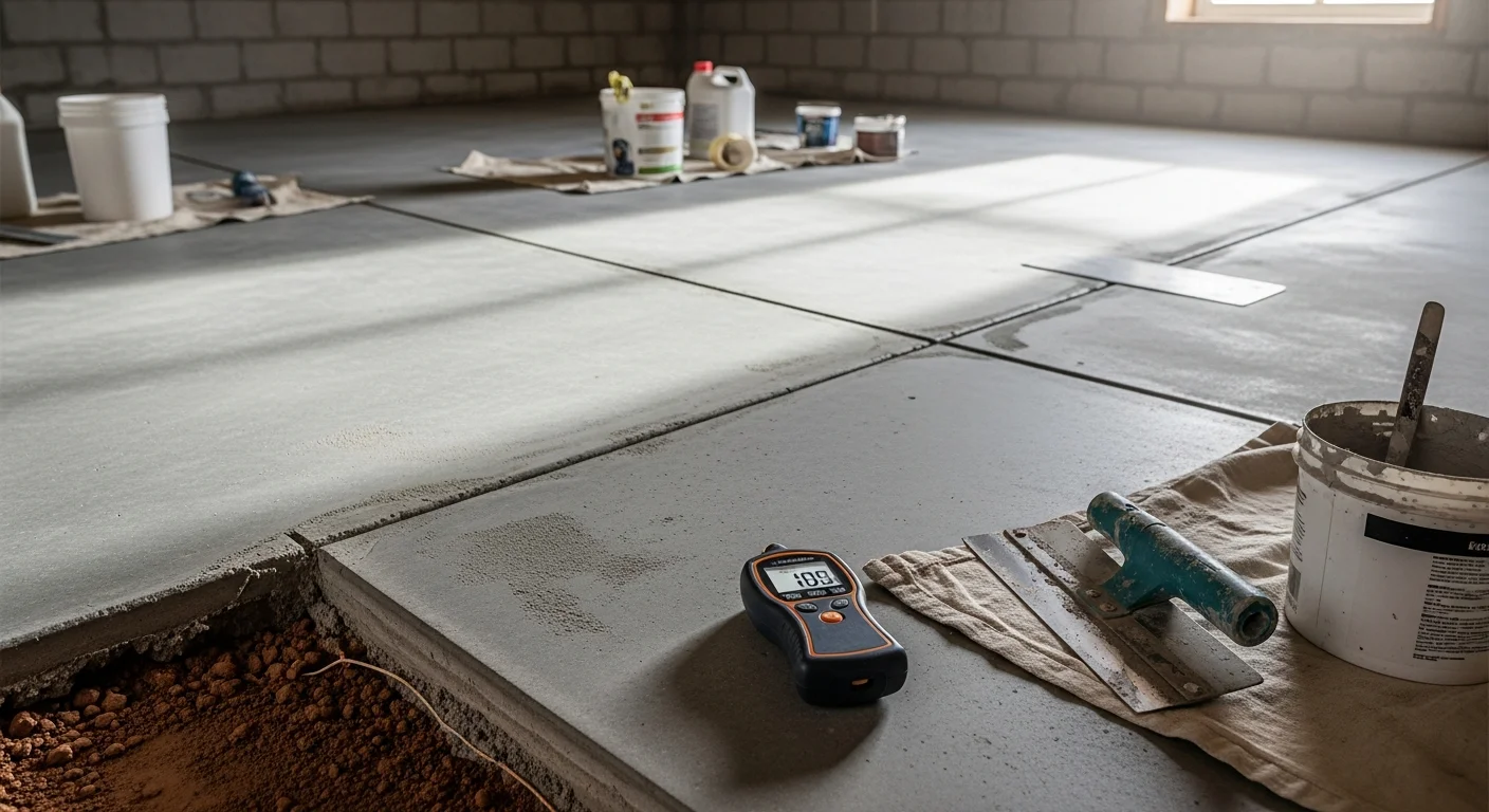 A finished basement floor in a Lake County home showing a smooth, sealed concrete surface with clean edges and an open living area layout. The space is dry, level, and ready for furniture, with visible slab prep work completed beneath the finished flooring layer.
