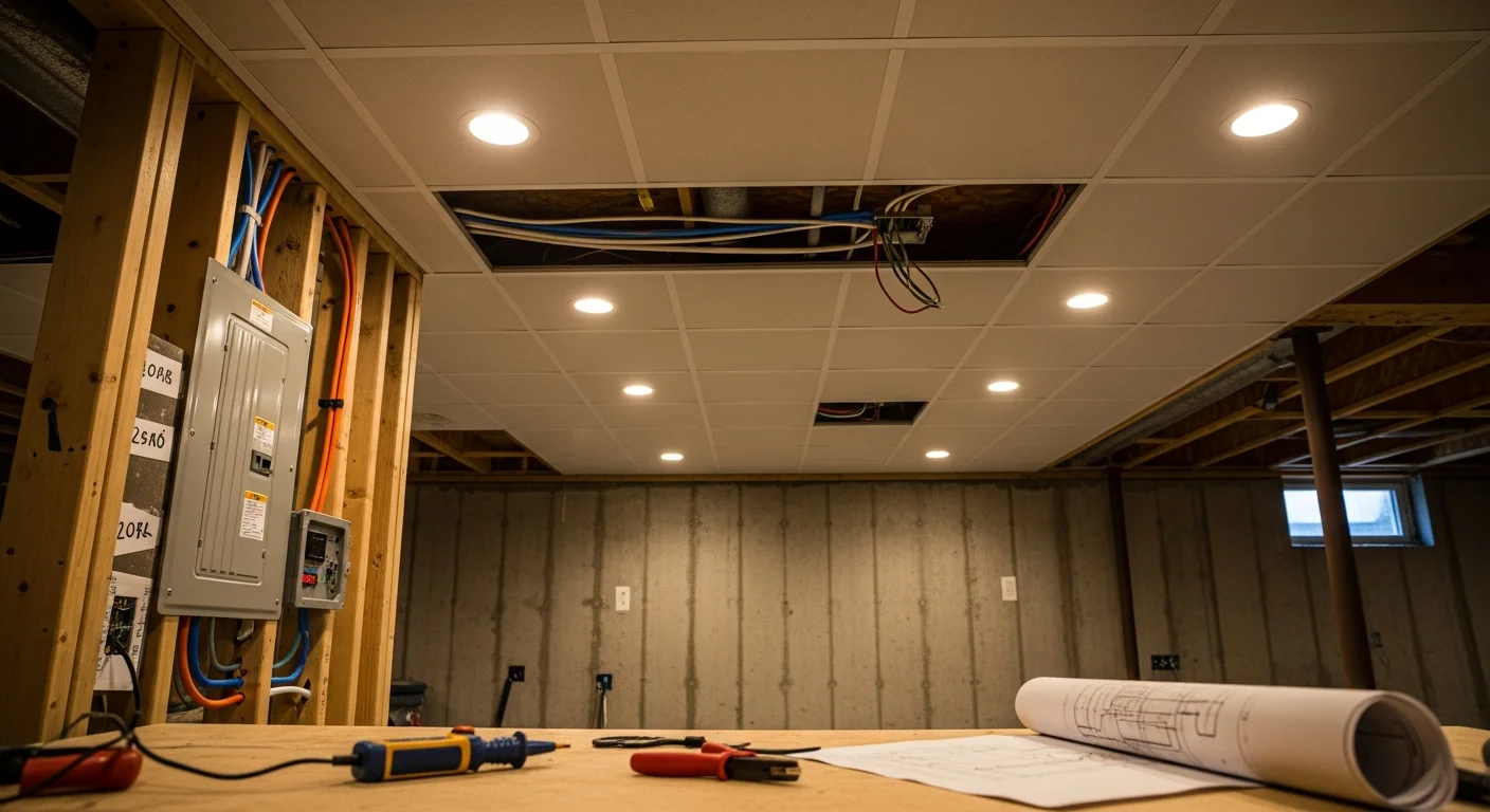 Finished basement in a Lake County home with evenly spaced recessed ceiling lights illuminating a multi-use living area. Low-profile fixtures sit flush with a drywall ceiling, with no dark corners visible across the open floor plan.
