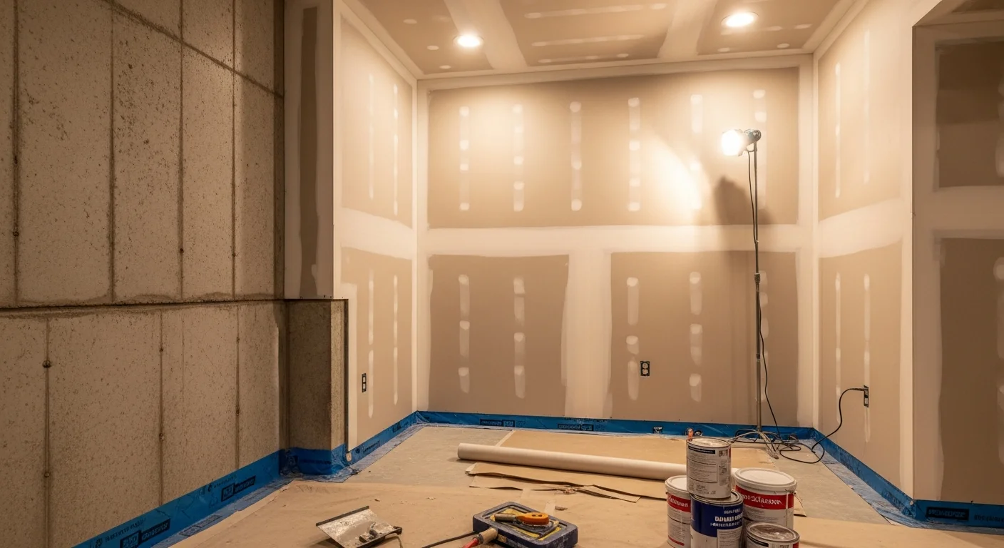 Finished basement interior completed by CP Construction & Concrete Inc in Lake County, Illinois, showing framed walls, recessed lighting, and drywall ready for use as a family room. The space reflects a full basement remodeling conversion from an unfinished concrete lower level.
