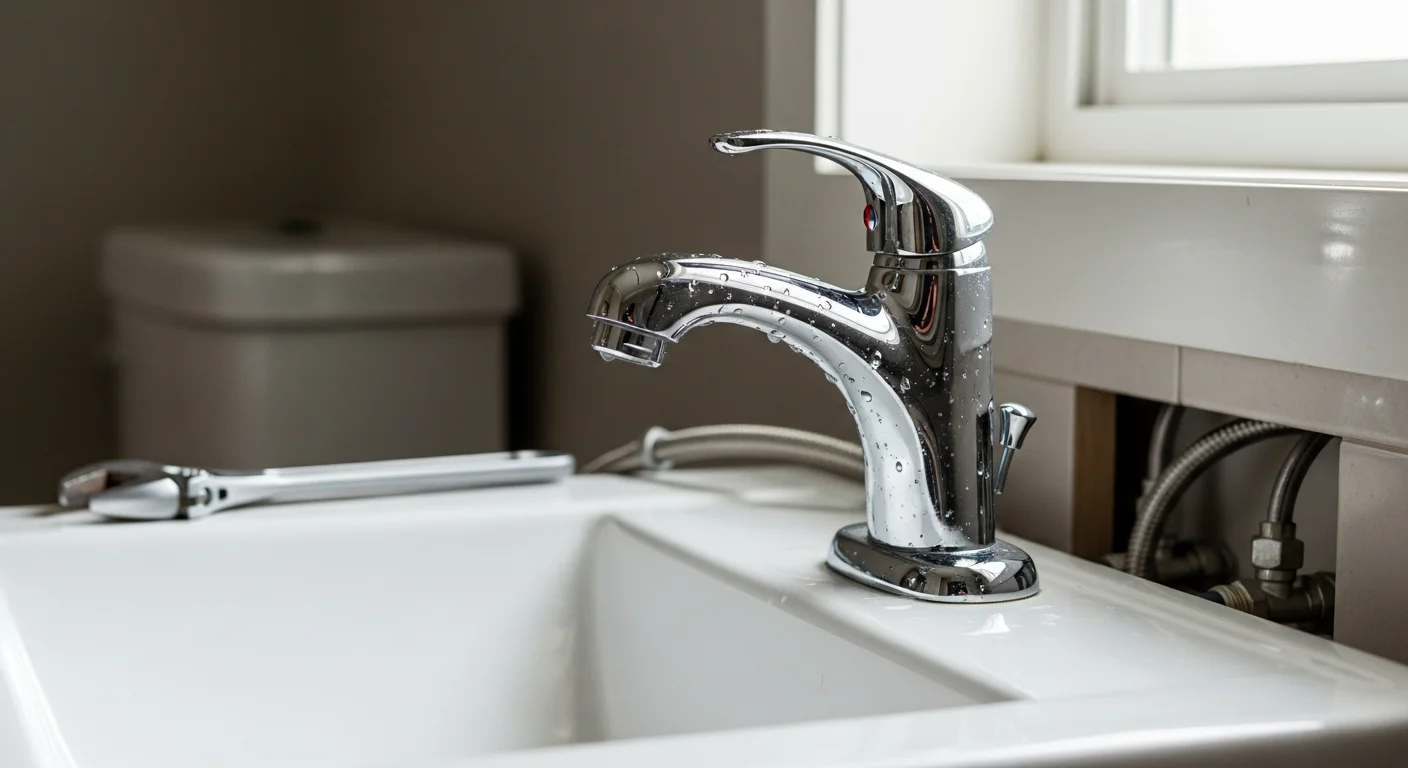 A newly installed bathroom vanity and faucet in a Lake County home, with clean supply line connections and a finished countertop surface. The bathroom shows a completed fixture installation with no visible gaps or exposed plumbing.