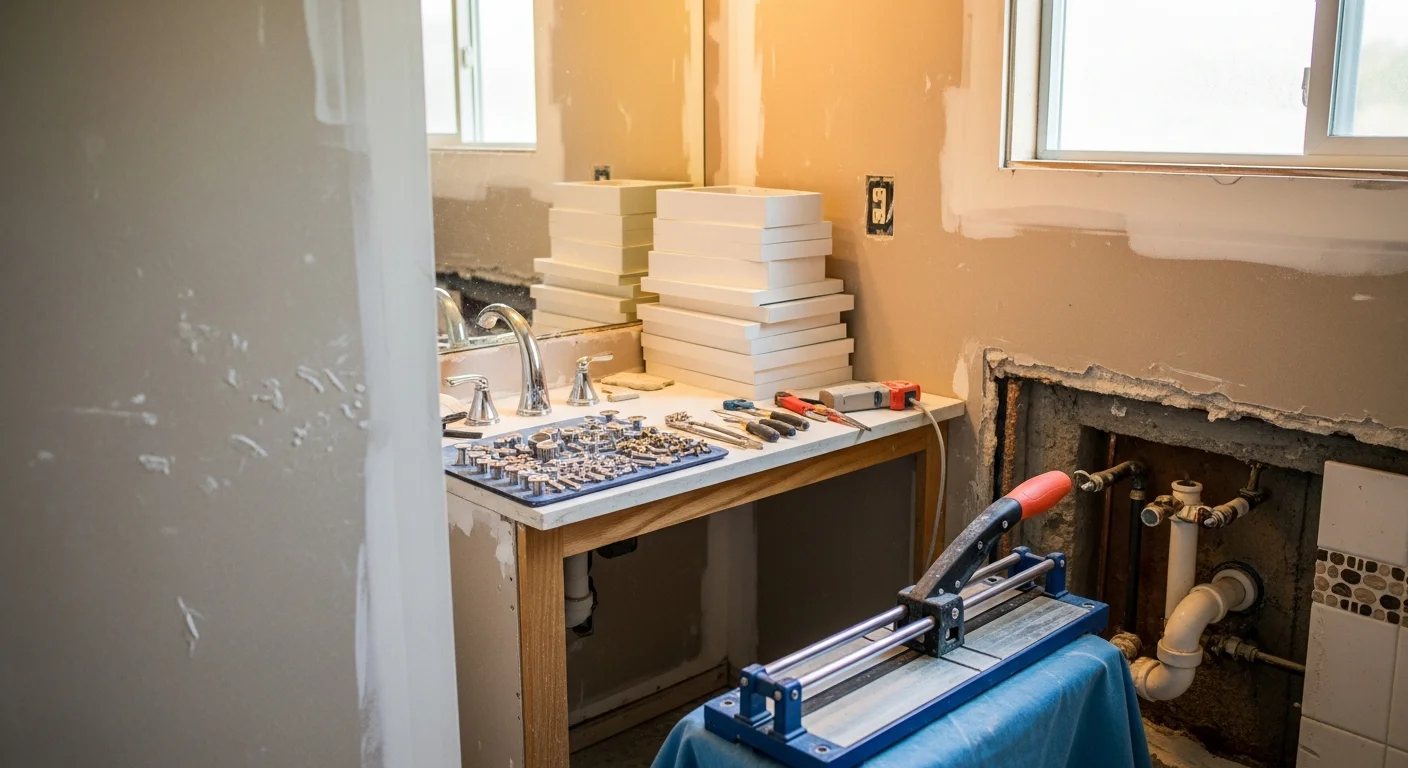A fully remodeled bathroom in a Lake County, Illinois home featuring a walk-in tiled shower, updated vanity, and new flooring. The space reflects a complete gut renovation typical of older Lake County housing stock updated for modern use.