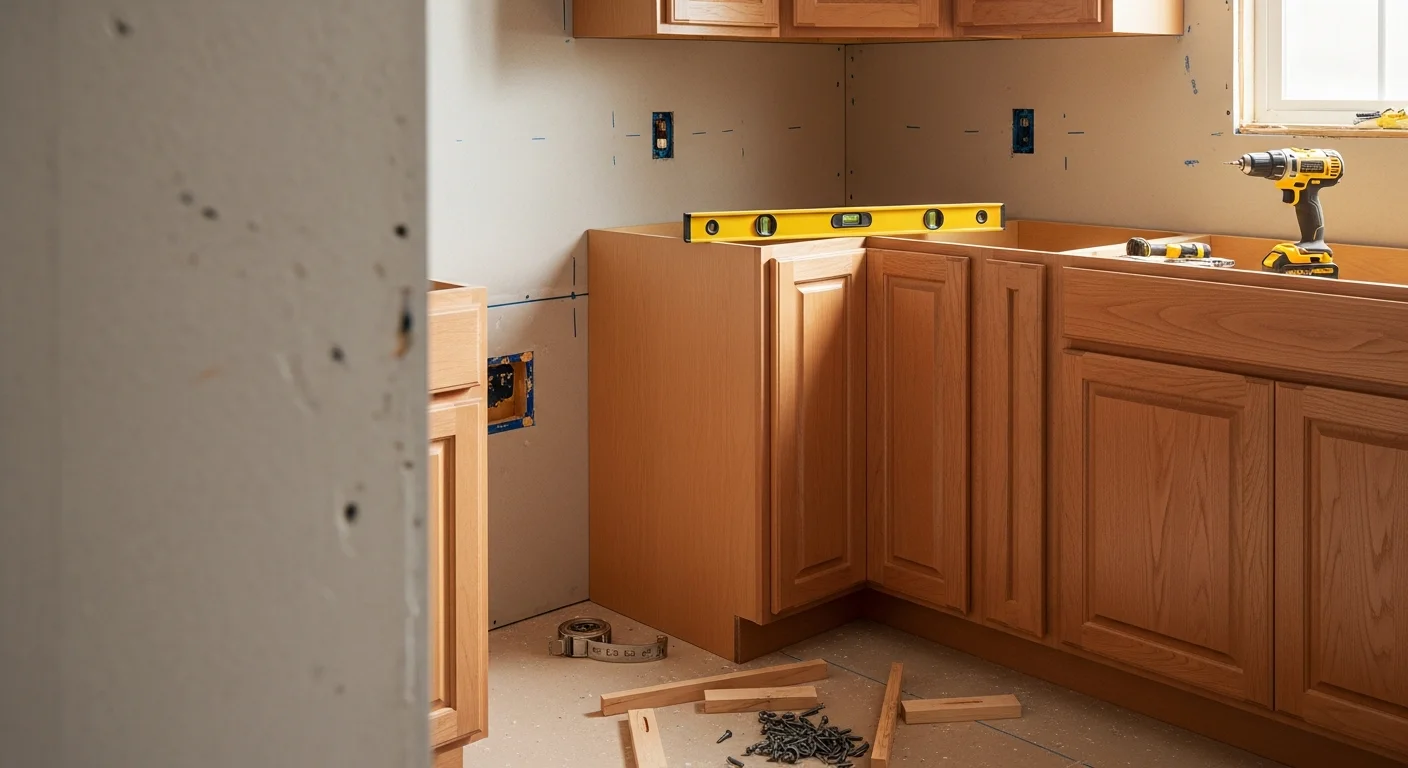 Newly installed kitchen cabinets in a Lake County home, showing aligned upper and lower units with clean seams and hardware in place. The installation is set against painted drywall in a mid-sized kitchen layout typical of suburban Lake County properties.