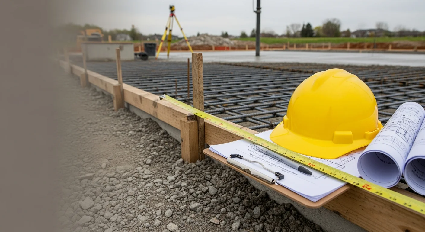 A commercial building under active construction in Lake County, Illinois, with concrete foundation work visible and structural framing in progress. A general contractor crew oversees site work on a clear day with building materials staged nearby.
