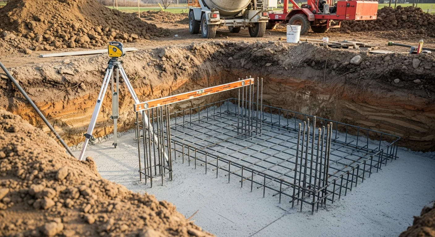 A freshly poured and formed concrete foundation for a residential structure in Lake County, IL, with rebar reinforcement visible and graded soil surrounding the perimeter. The site shows a clear frost-depth footing trench and smooth concrete walls ready for backfill.