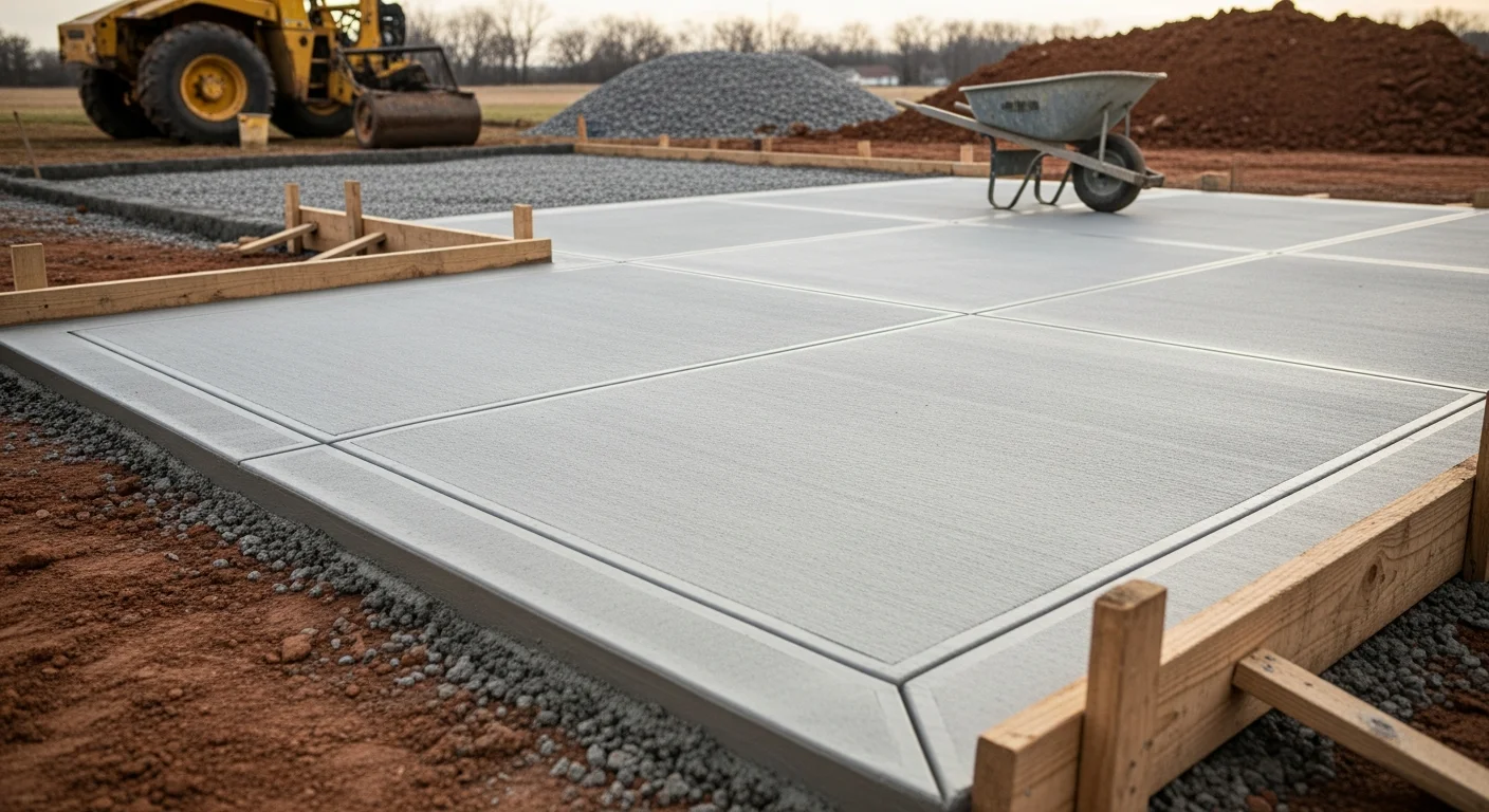 A freshly installed concrete patio behind a residential home in Lake County, Illinois, showing a broom-finished slab with clean edges and proper slope away from the house foundation. The surrounding yard shows compacted soil and a clear transition between the new concrete surface and the existing lawn.