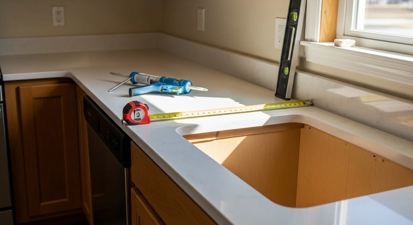 Newly installed countertop on white kitchen cabinets in a Lake County home, showing a clean edge profile and flush sink cutout. The surface runs the full length of the kitchen wall with no visible gaps at the cabinet line.