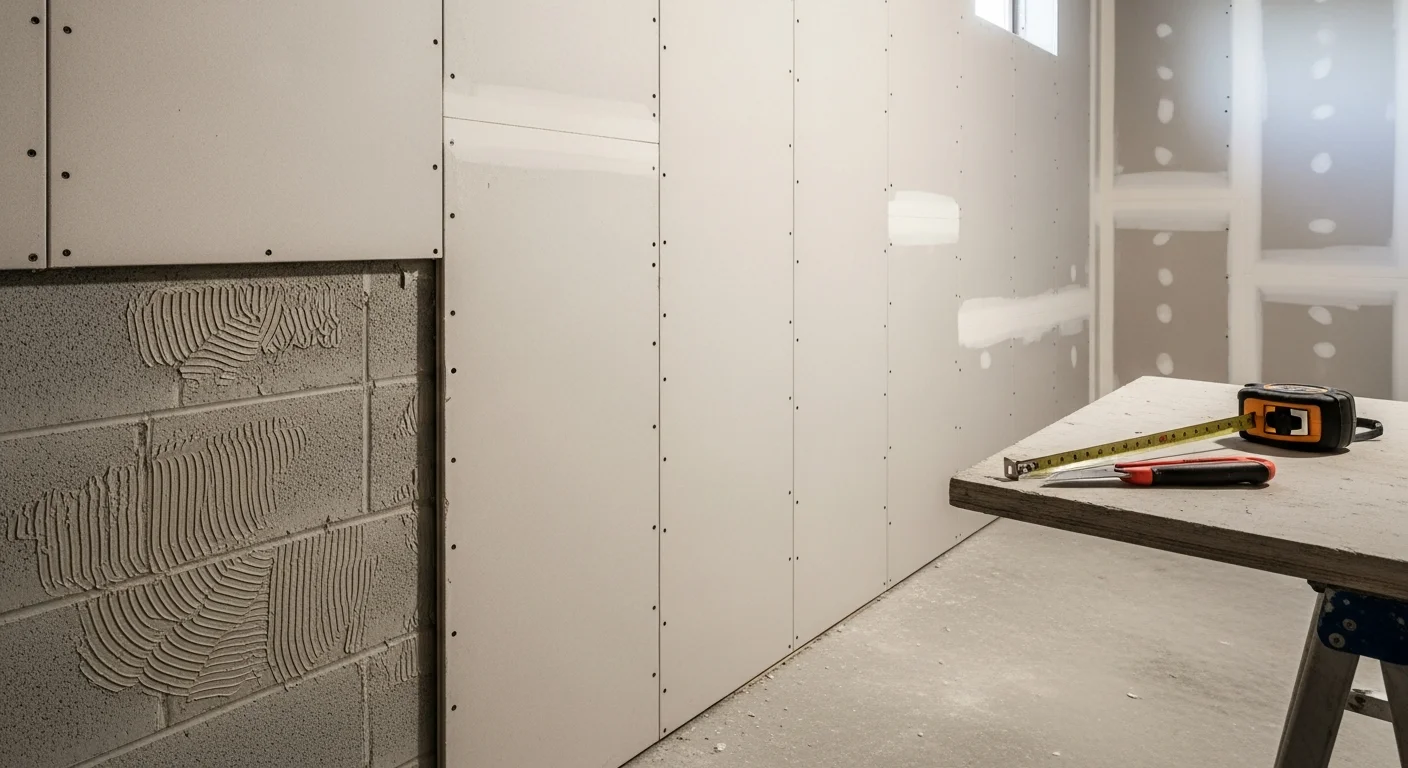 Freshly installed and finished drywall covering the framed walls and ceiling of an unfinished basement in Lake County, IL. The smooth, paint-ready surfaces define a clean rectangular room ready for flooring and lighting.