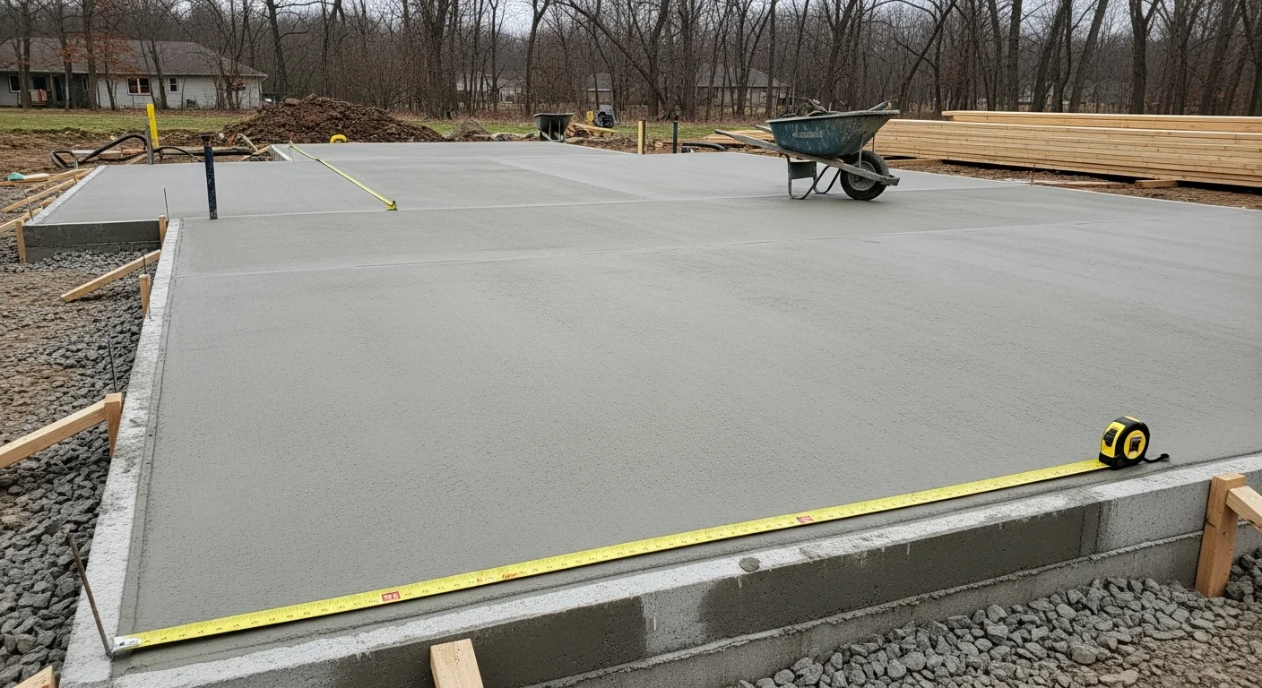 A newly constructed two-car detached garage with a concrete driveway apron on a residential property in Lake County, Illinois. The structure features a gabled roof and wood-framed walls built to withstand the region's winter snow loads.