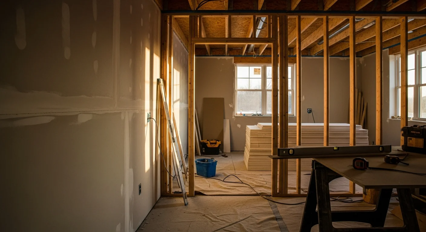A renovated open-concept kitchen and living area inside a Lake County, Illinois home, showing updated cabinetry, fresh flooring, and a clean modern finish. The space reflects a full interior remodel completed by a general contractor.