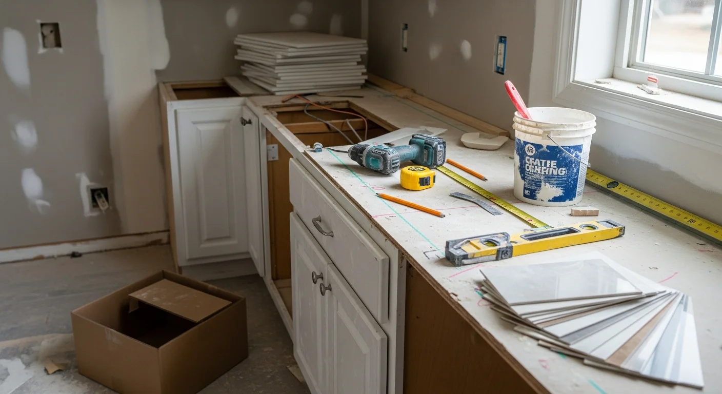 Finished kitchen remodel in a Lake County home showing new white shaker cabinets, a stone countertop, and updated recessed lighting above the island. The open layout connects the kitchen to the dining area with hardwood flooring throughout.