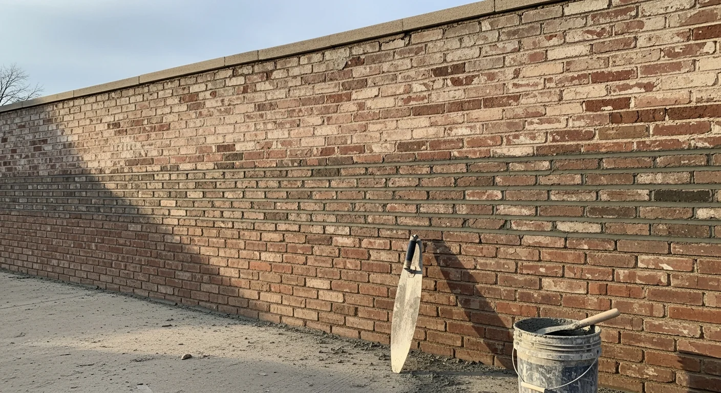 A completed brick wall repair on a residential property in Lake County, Illinois, showing clean tuckpointed mortar joints and uniform brick coursing. The finished masonry surface shows no visible cracking or mortar gaps along the exterior wall face.