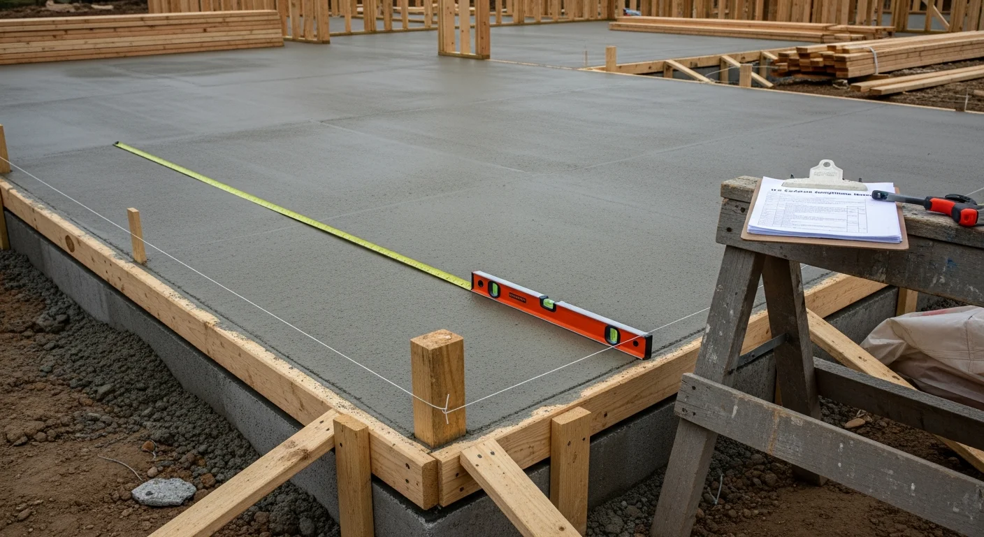 A newly constructed single-family home in Lake County, IL with a poured concrete foundation and framed exterior walls visible during the construction phase. A general contractor reviews plans on-site against a clear suburban Lake County backdrop.